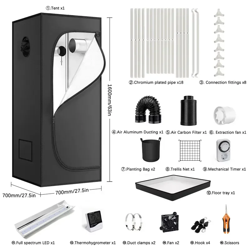 Professional Customized Full Spectrum Digital Grow Tent System Kit Highly Reflective Mylar 600D Oxford Cloth Home Use 1.6m