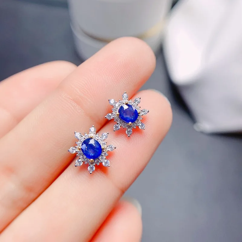 Natural Gemstone Sapphire  Authentic Real 925 Silver Stud Earrings for Women Lady Female Natural Sapphire with Certificate