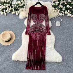 Rhinestone Crystal Velvet Maxi Dress New Autumn Women Long Sleeve Birthday Night Clubwear Long Dress Wedding Party Prom Dress