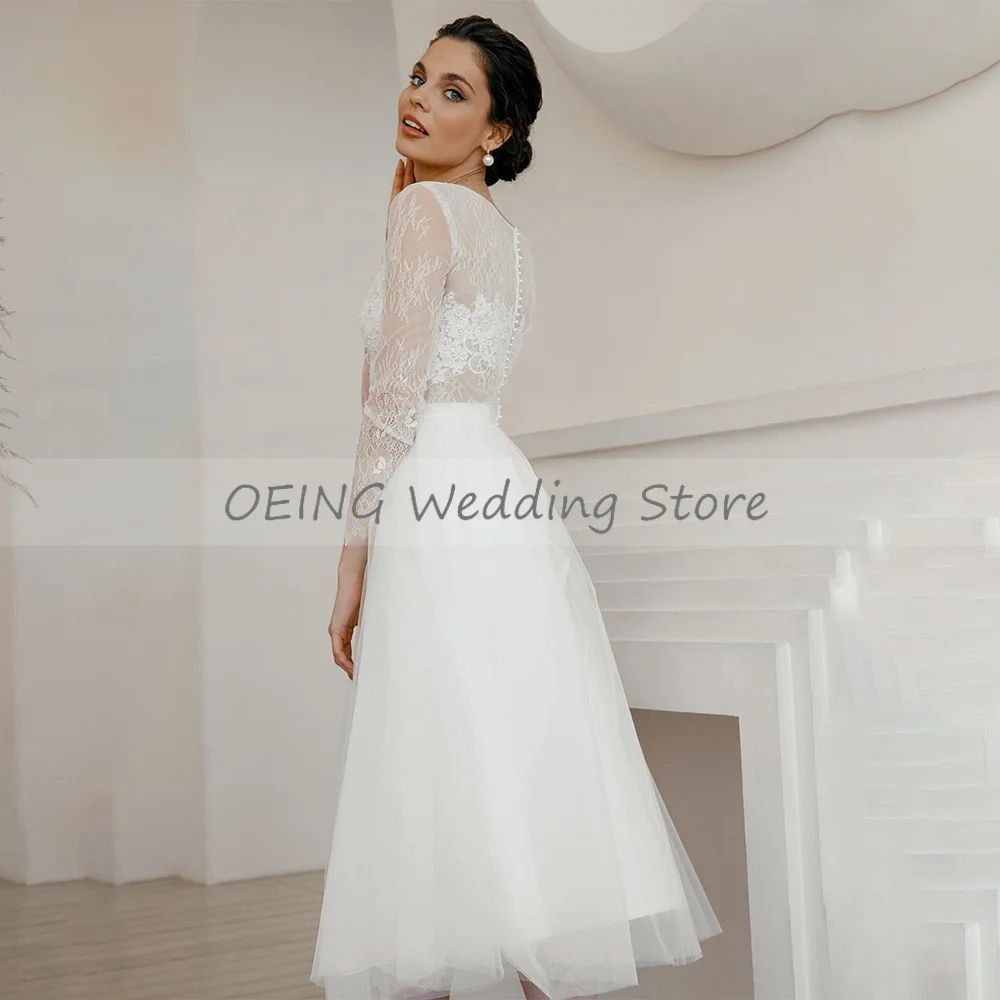 Customized Ivory Wedding Dress Lace Long Sleeves Bateau A Line Short Wedding Gown for Women Applique Pearls Tulle Bridal Dresses