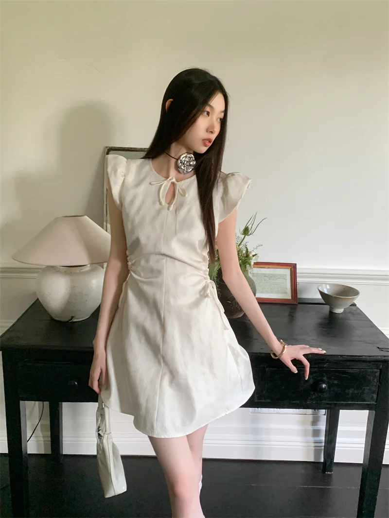 CHEERART Vintage Jacquard Puff Sleeve Short Dresses Woman Summer Drawstring Cut Out Designer Mini Dress