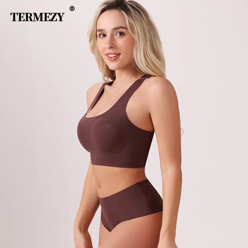 TERMEZY Soft Seamless Wireless Bra Set Minimalist Racerback Bralette Set Sport Yoga Breathable Panties Set Solid Color Intimates