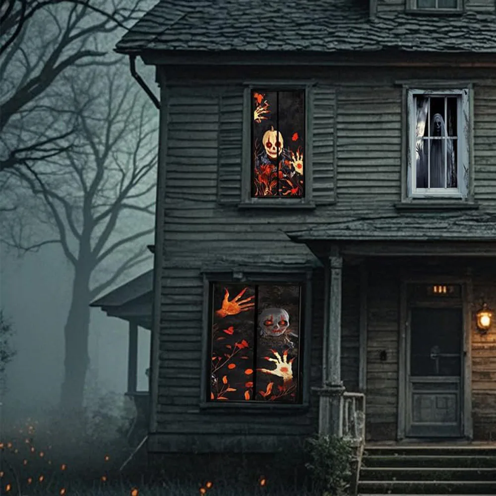 

Halloween 2-Piece Door & Window Decoration Set with Terrifying Ghost Curtains And Background Hanging Cloth for Outdoor Scene