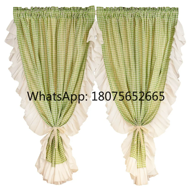 American plaid lace curtain half curtain ruffles pastoral bay window partition curtain