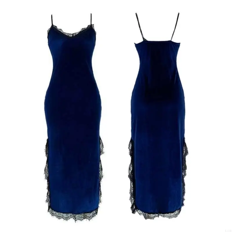 

L38E Women Sleep Dress Lace Trim Deep V-Neck Sleeveless Nightgown Sleepwear