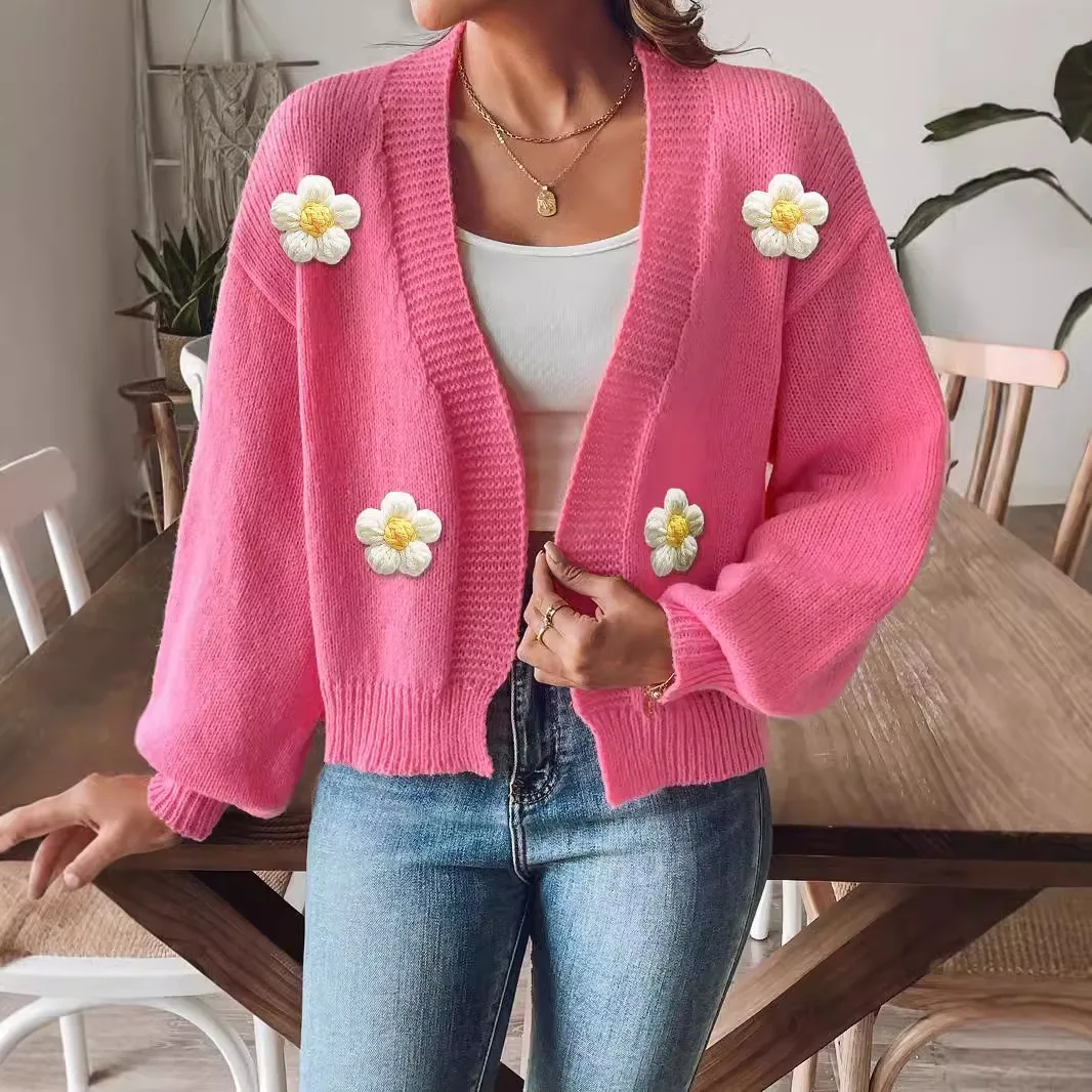 여성 카디건 스웨터 코트 플라워 니트 자켓 V넥 랜턴 슬리브 니트웨어 2025 가을 겨울 캐주얼 니트 아우터