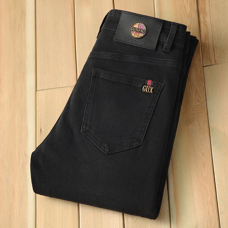 Jeans reto preto puro masculino, jeans clássico, fino, elástico, lavado, simples, high-end, luxo acessível, vintage, novo