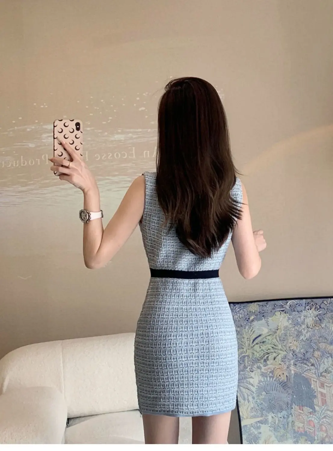 Elegante Ärmellose Strickkleider Frauen Sommer Kontrast Farbe Oansatz Taille Slim Fit Mini Kleider Mode Party Vestidos