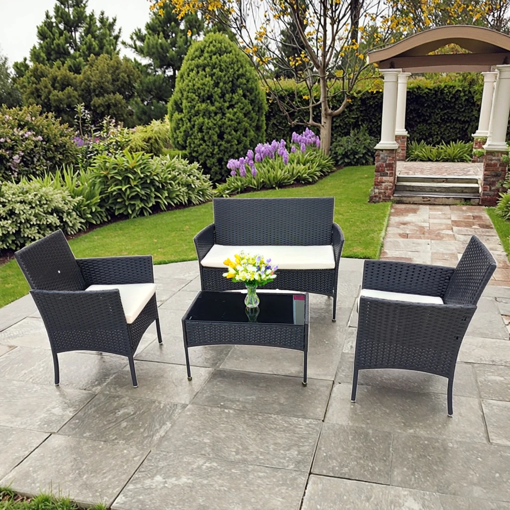 

Wholesale Factory Directly Sale OEM Outdoor Waterproof Garden Furniture Set 4 Sets Pe Rattan Chairs Table Dining Hotels Parks