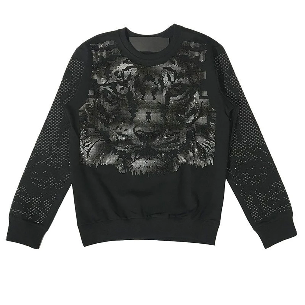 Mens Autumn Winter Fashion Tiger Head Diamond Long-Sleeve T Shirt Nightclub Personality Youth Trend Heavy Industry Top For Men