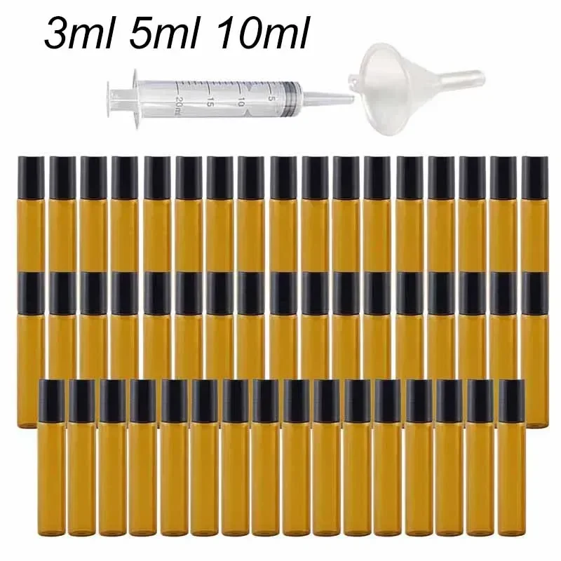 

20/30/50Pcs 3/5/10ml Amber Thin Glass Roll on Bottle Essential Oil Vials Sample Test Perfume Bottle With Roller Funnel Syringe