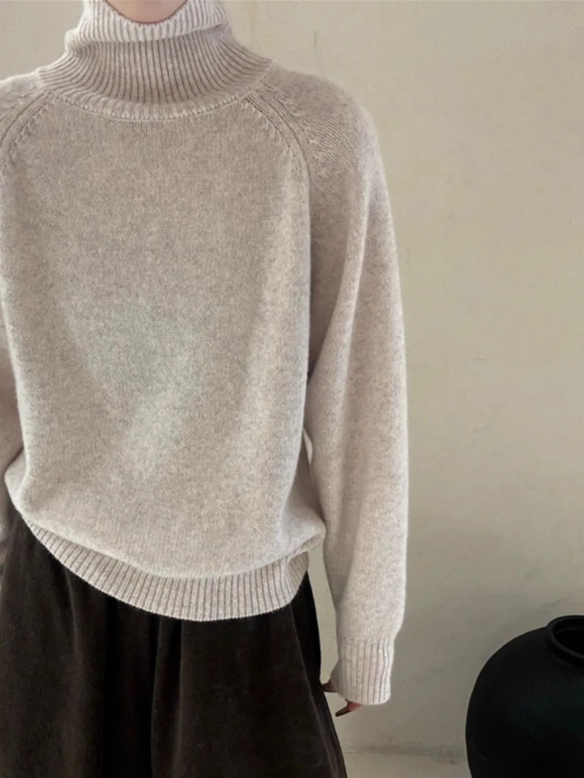 Sweater wanita rajut kasmir, turtleneck tebal Eropa musim gugur dan musim dingin longgar kerah lapel