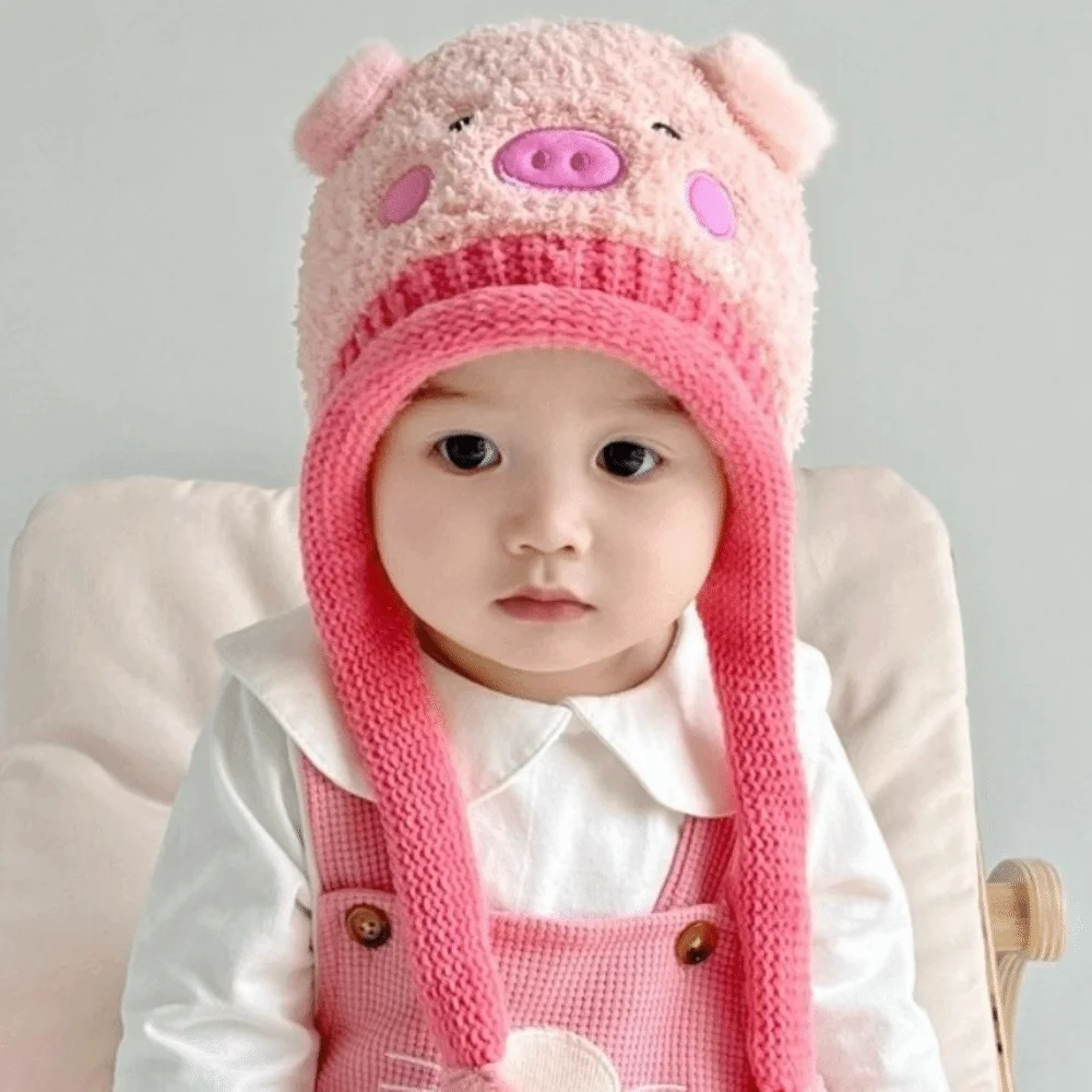 

Fashion Cartoon Baby Hat Pig Bear Knitted Hat Windproof Korean Style Ear Protection Hat Winter