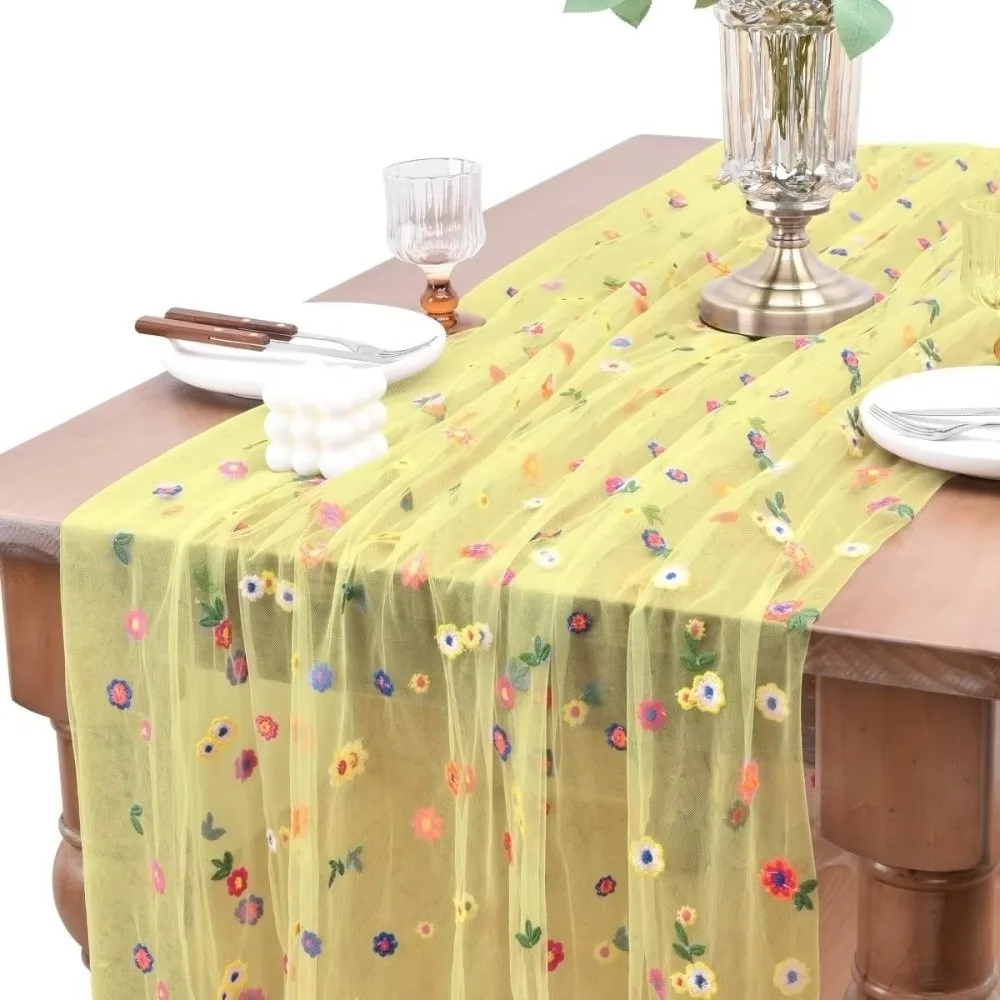 

Vintage Embroidery Daisy Table Runner Boho Semi-Transparent Floral Tablecloth Easy To Clean Elegant Tulle Table Runner Party