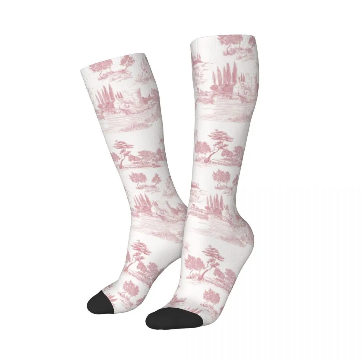 Vintage Toile De Jouy Thigh High Socks Women's Warm Fashion Novelty Blush Pink White Stockings