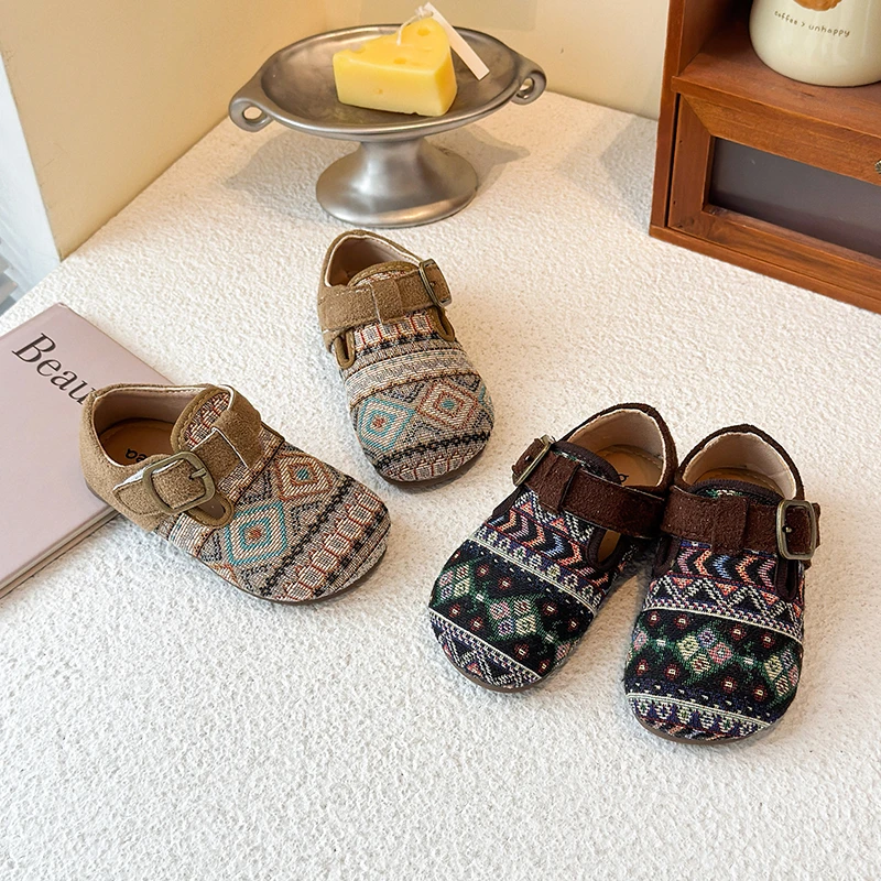 

Kids Flat Shoes Ethnic Style Girls Leather Shoes Round Toes Soft Bottom 2025 Autumn New Children MaryJanes Retro Non-slip Sweet