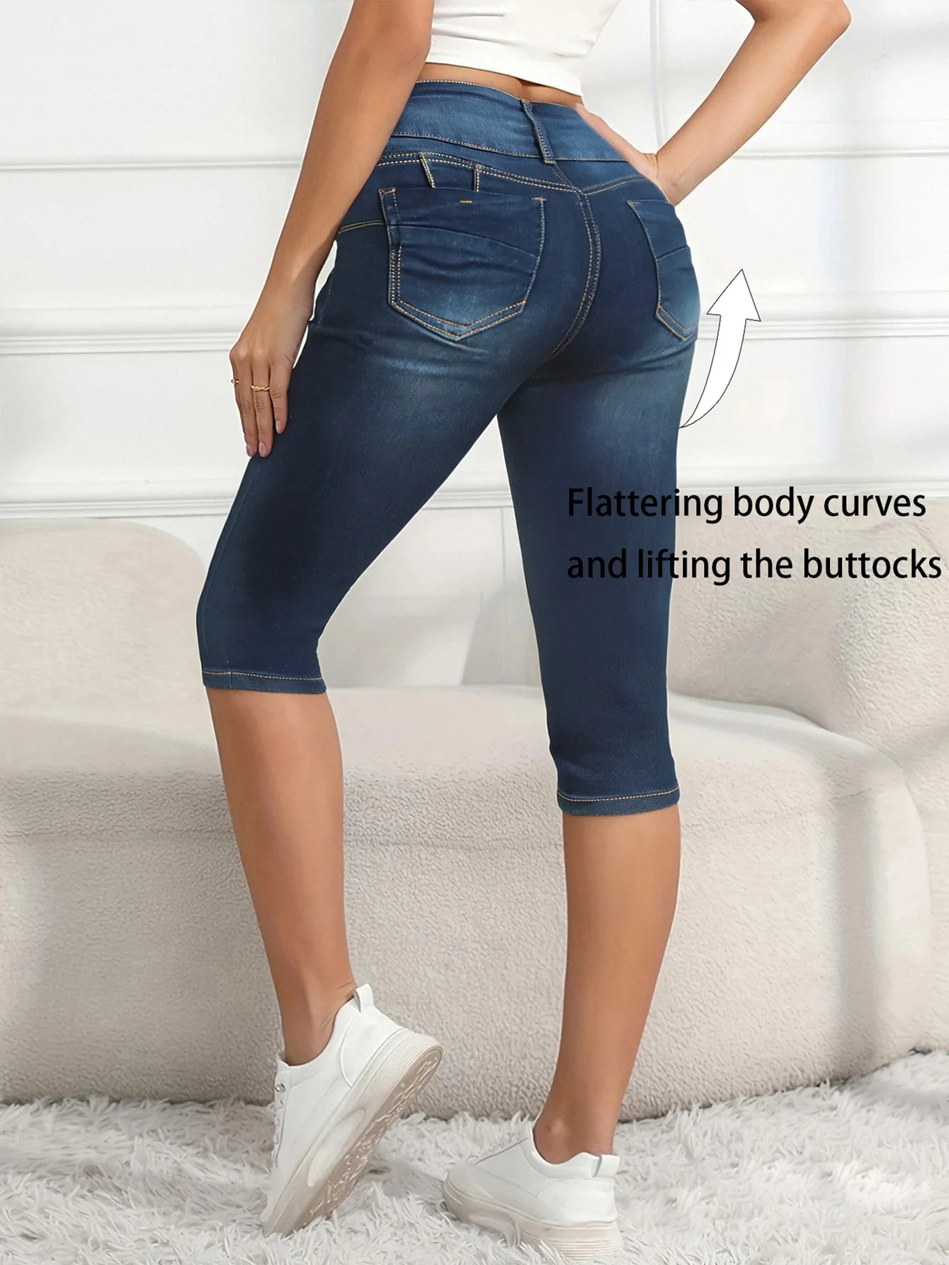 Jeans capri femininos de cintura alta com fecho triplo de botão