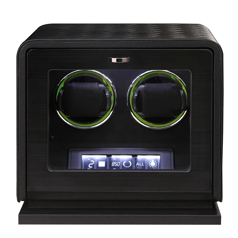 Embers 2024 New Leather Watch Winder 2 slots Black Green Orange LED light Touch Screen Control