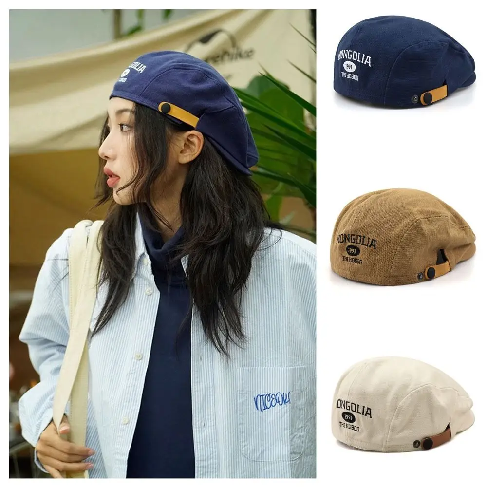 Vielseitige Retro-Baskenmütze, verstellbare Baumwoll-Malermütze, Mütze mit Buchstaben-Stickerei, Unisex