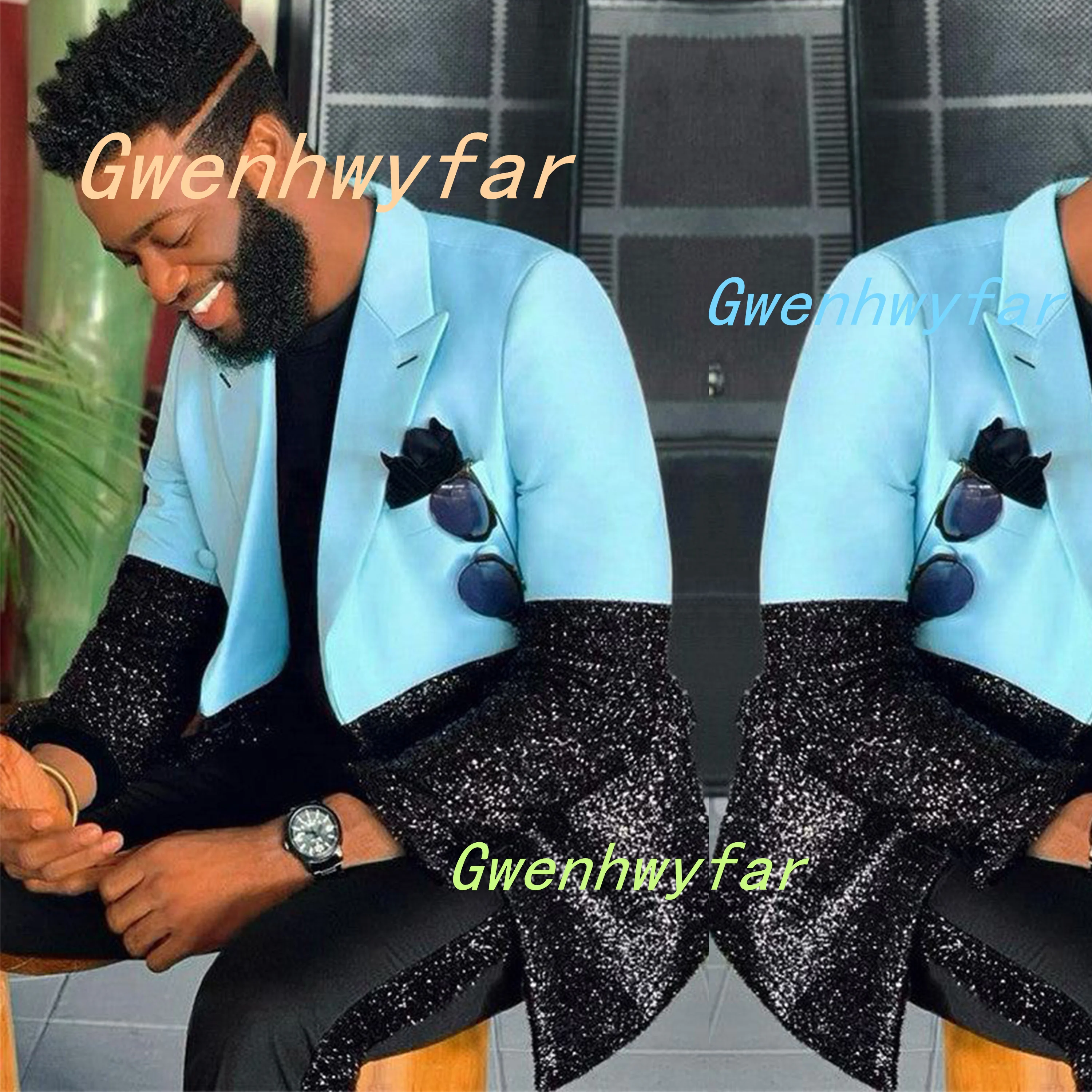 Gwenhwyfar Black Sequins Splicing 2-piece Set with Double Breasted Jacket and Pants with Side Strips for Fashionable Men Suits