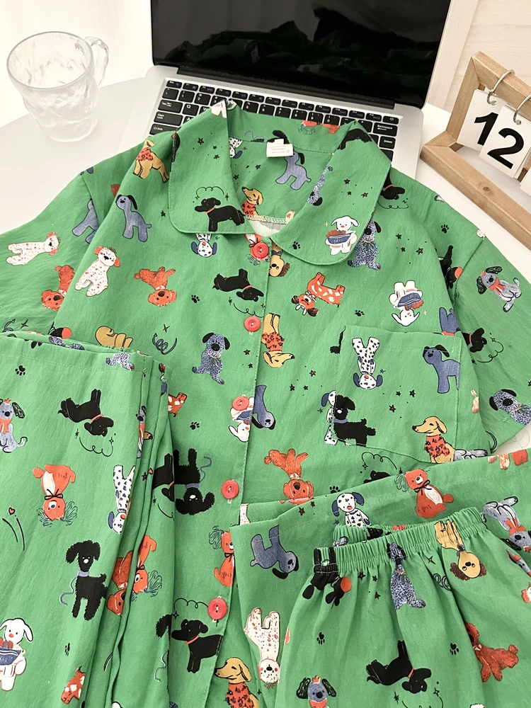 

Spring Summer Style Dog Party Sleepwear Women's Three-piece Set Short Sleeve Shorts Pants Thin Loose Breathable Cute Home Clo...