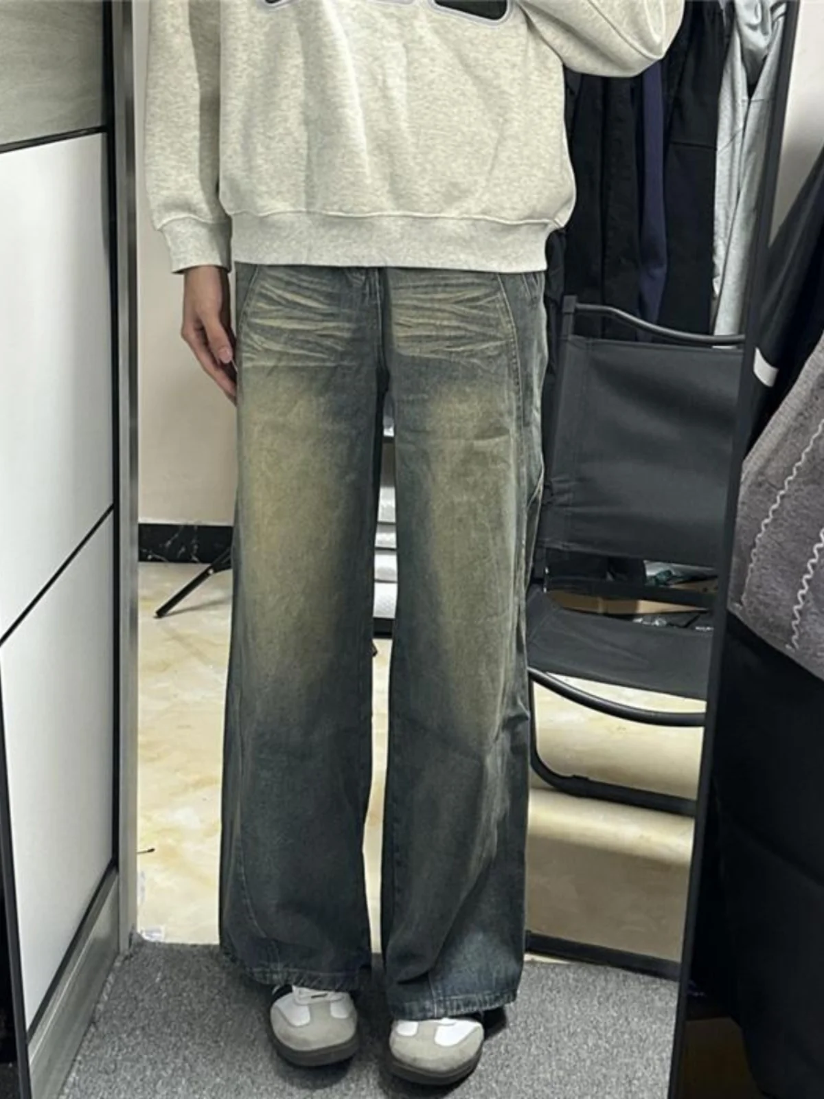 

Мужские прямые лоскутные джинсы, весенние расклешенные брюки Cleanfit в американском стиле High Street, модные длинные брюки для похудения