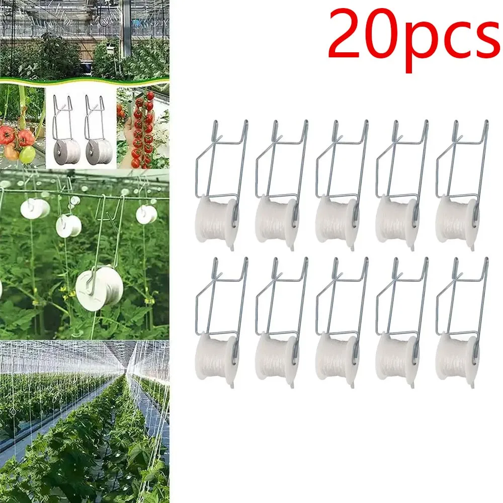 

10/20Pcs Greenhouse Tomato Trellising Kit Hooks Support Clips Twine Roller with 15M Rope Garden Plant Roller Hooks Tomato Suppo