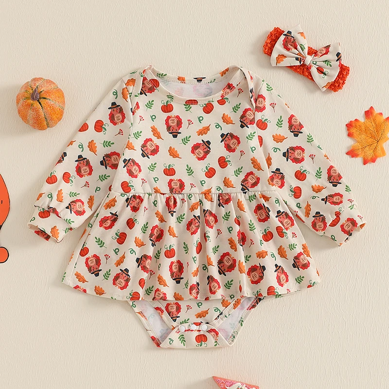 

Baby Girls Thanksgiving Bodysuits Dress Long Sleeve Turkey Pumpkin Print Jumpsuit with Headband