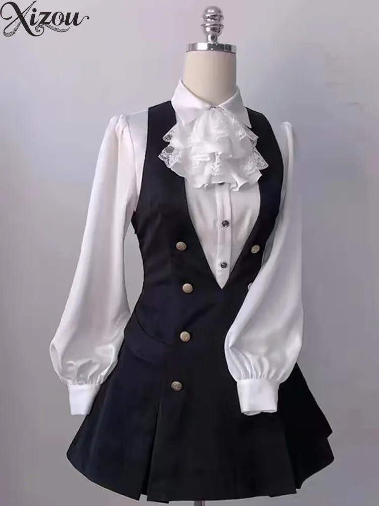 Gothic Vintage Top Two Piece Outfit Ruffle Shirt Jabot Blouse V Neck Vest Dress Skirt Preppy Lolita Uniform Set Spring Autumn