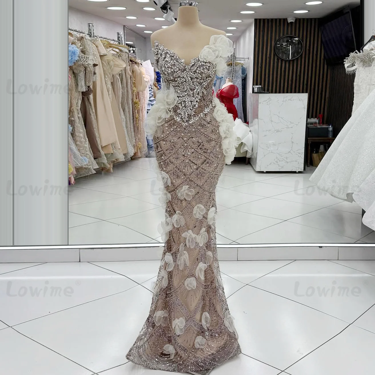 

Amazing Floral Crystals Engagement Party Dresses Customized Mermaid Prom Dress 2026 Champagne Arabic Evening Gown Robe De Soiree