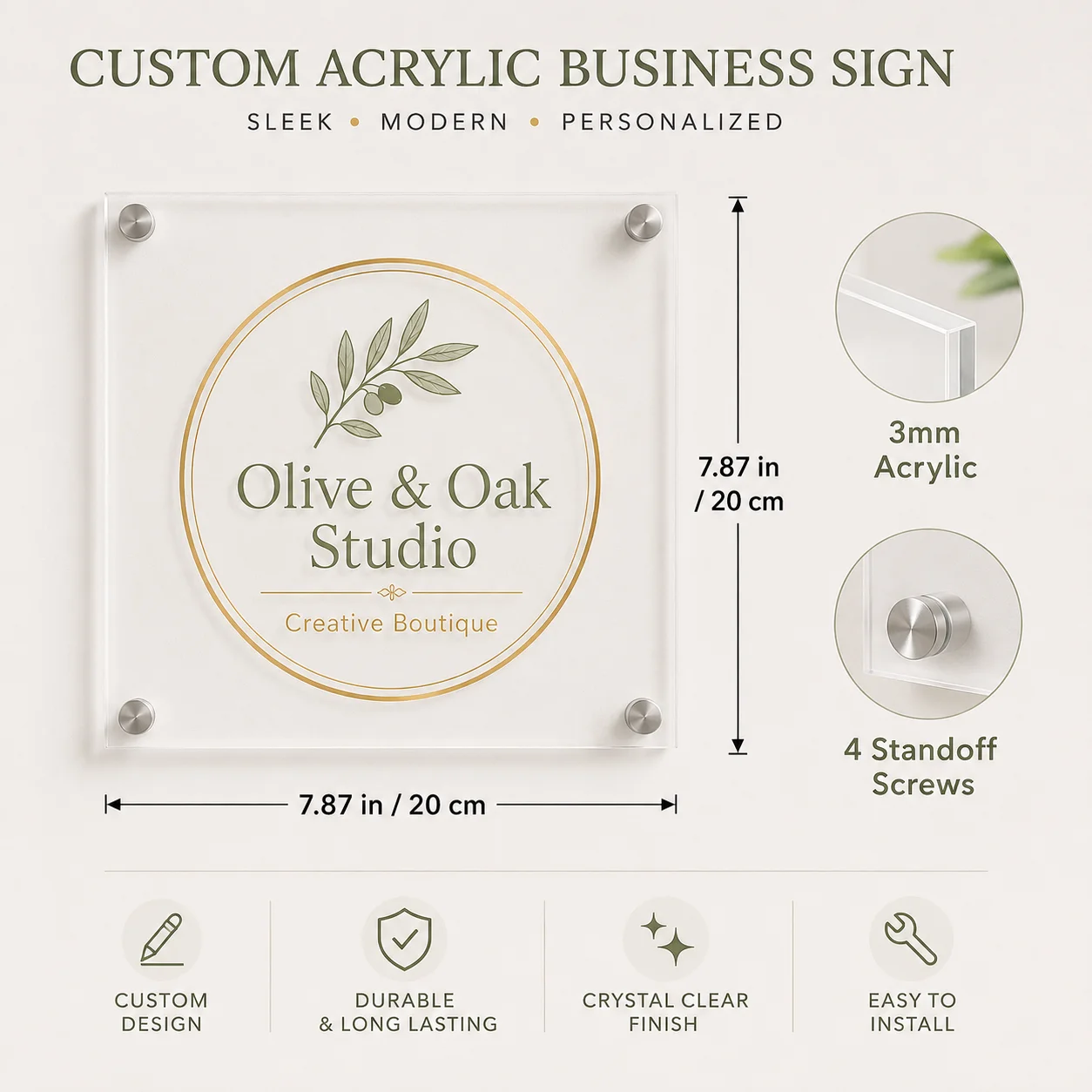 Custom Acrylic Business Sign Personalized Acrylic Office Sign UV Printed Wall Plaque with 4 Standoffs for Studio Reception Decor