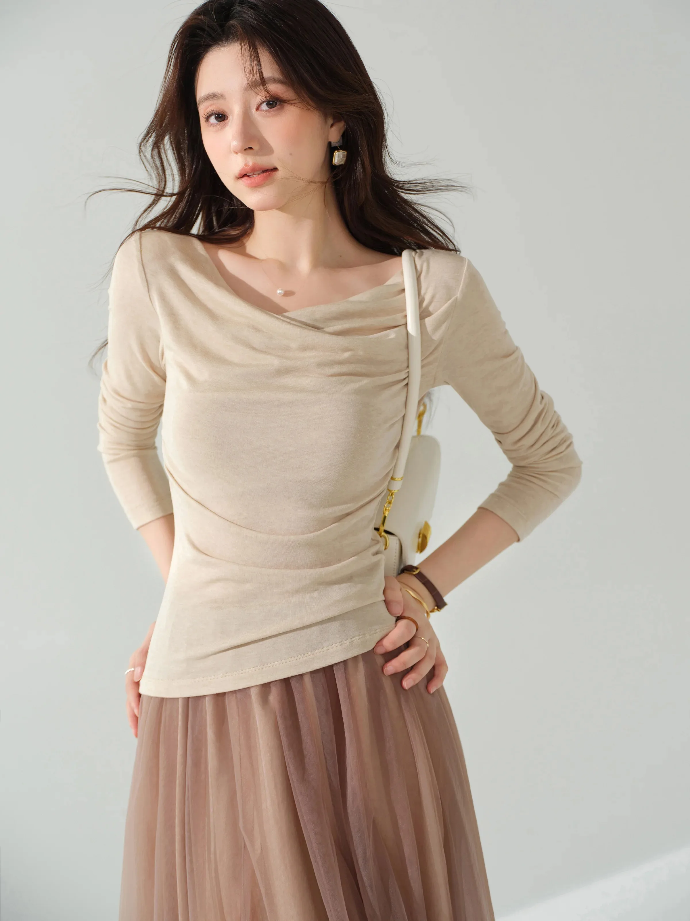 Elegant Drape Neck T Shirt Slim Fit Base Layer Top Long Sleeve Blouse for Women Chic Design Undershirt Stylish Daily Outfits