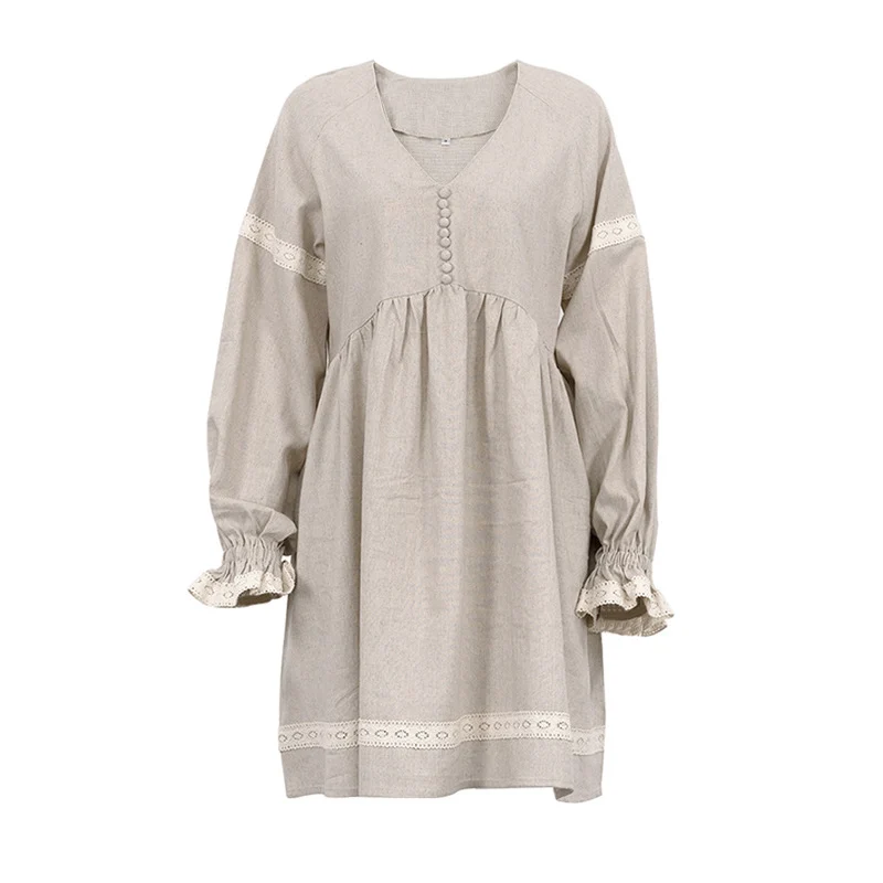 Letnia bawełniana lniana sukienka w stylu francuskim Moda dojeżdżająca do pracy Patchwork Lace Casual Loose Dress Women Sexy V Neck Lantern Sleeve