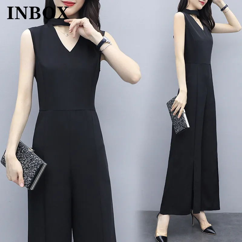 

Summer Black Jumpsuit Sleeveless Party Office Lady Jumpsuits For Women 2023 Wide Leg Pants Chic Loose Split Hem Pants