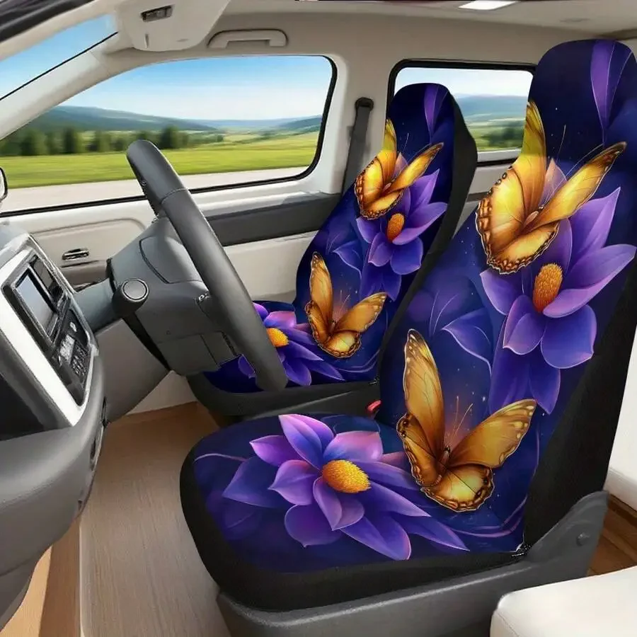 

Universal Car Seat Covers With Golden Butterfly And Purple Floral Pattern For Adult Vehicle Interior