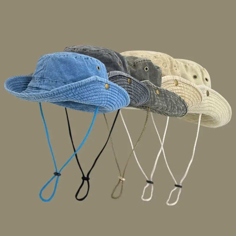 2025 Blue Cowboy Hiking Bucket Hats with String Men Denim Beach Sun Hat for Women Outdoor Couple Bob Panama Summer Fisherman Cap