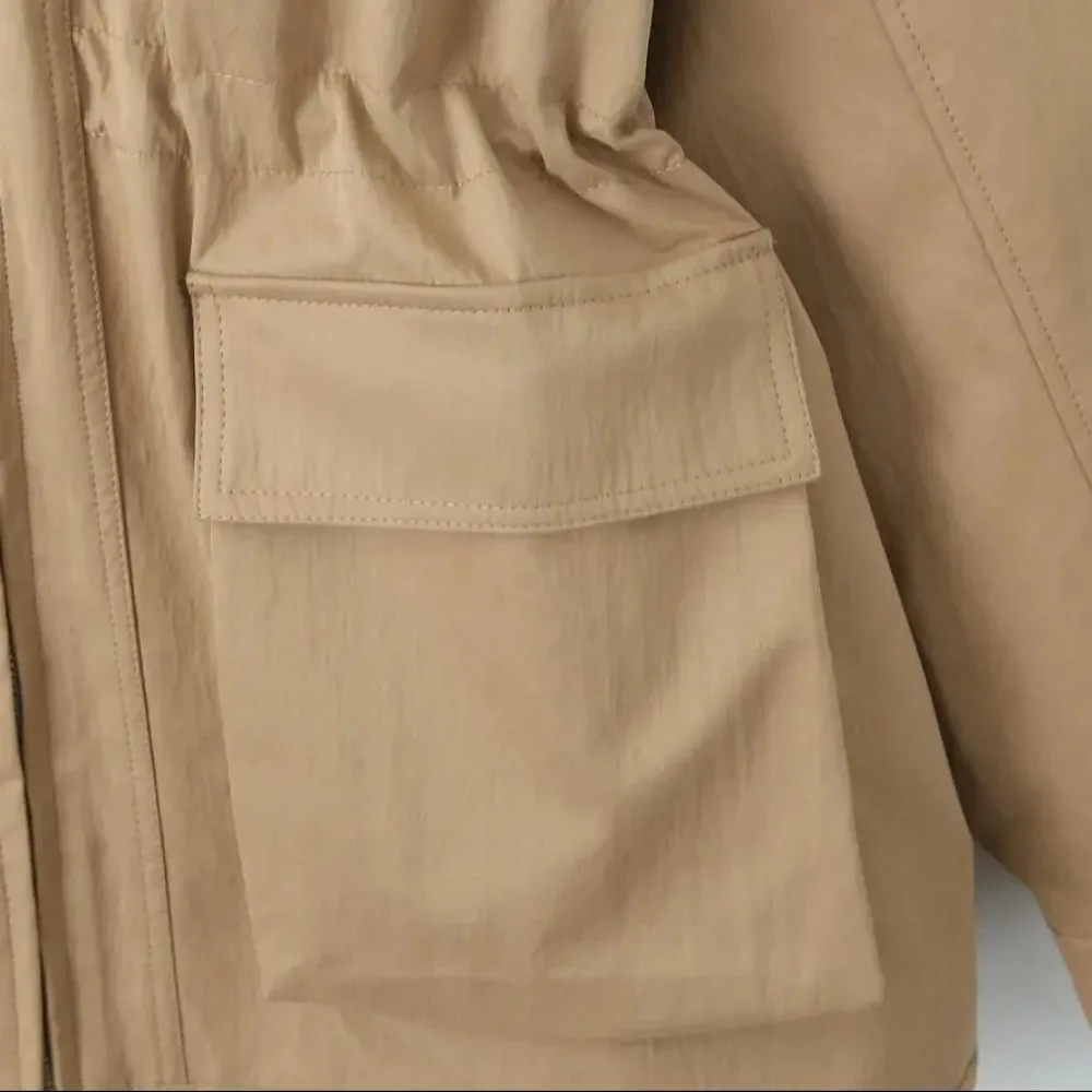 Spring Autumn Women Khaki Spliced Faux Leather Lapel Coat Front 2 Pocket Elastic Waist Zipper Jacket Loose Outerwear Trench Coat