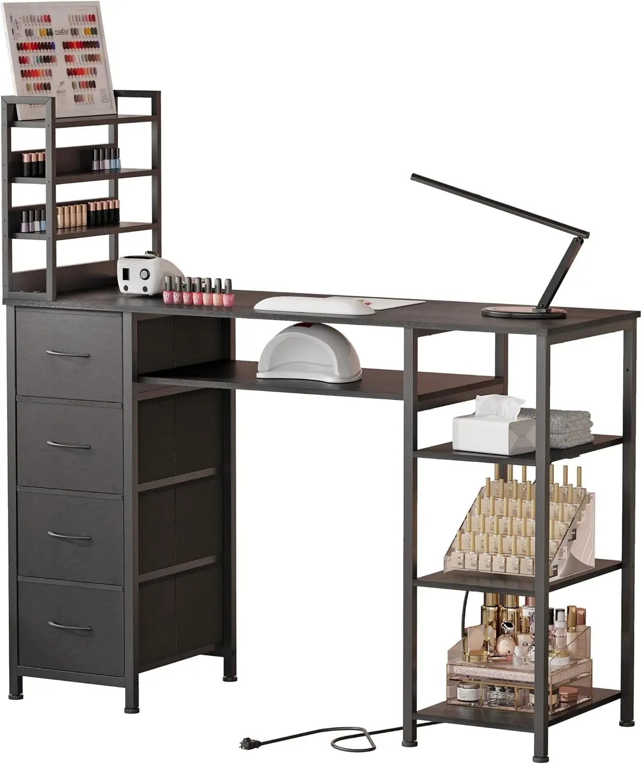 Manicure Table Nail Desk for Nail tech with Drawers and Power Outlet,Nail Beauty Table with Storage and Open Shelves for Home,Wo