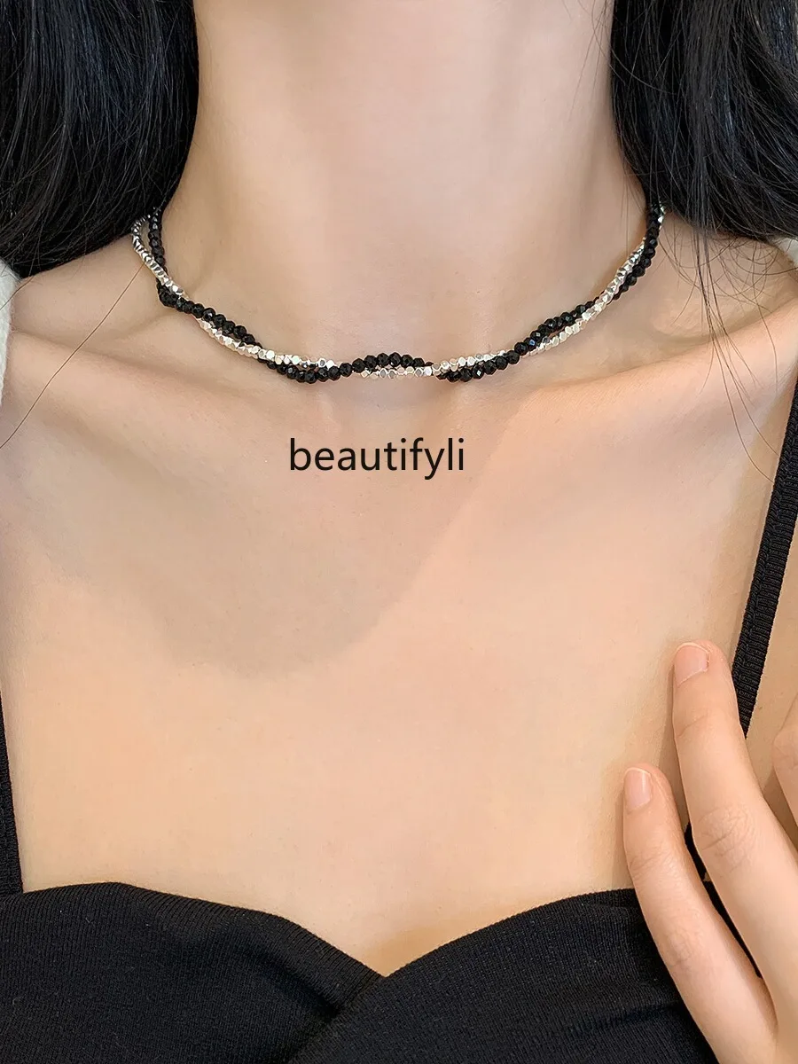 Elegant Beaded Black Agate Small Pieces of Silver Double-Layer Winding Fashion Necklace Niche Design Clavicle Chain