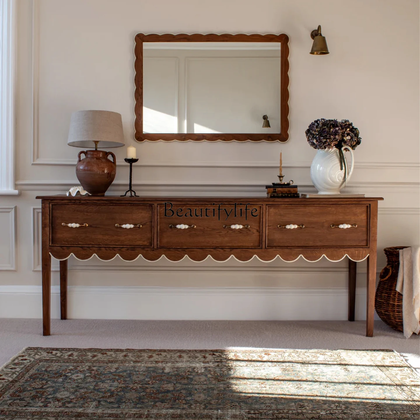 

French vintage style solid wood sideboard American vintage art wall storage cabinet