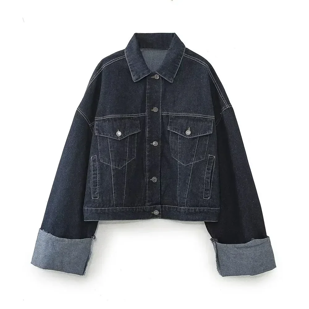 New Fashion Women 2 Piece Set Turn Down Collar Single Breasted Rolled Sleeves Denim Jacket+Elegant Rolled Hems Streetwear Jeans