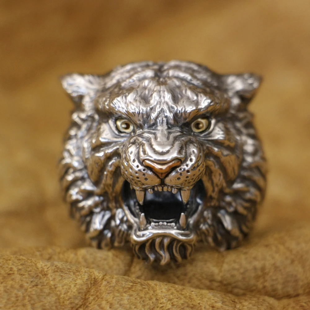 Copper Nose Brass Eyes 925 Sterling Silver Tiger Ring Biker Punk Jewelry TA433 US Size 8 to 15