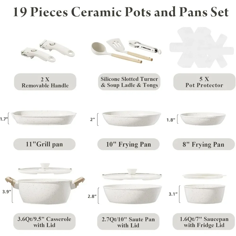 19 Pcs Pots and Pans Set Non Stick Ceramic Cookware Set with Removable Handles, Non Toxic Induction Kitchen Cookware Sets