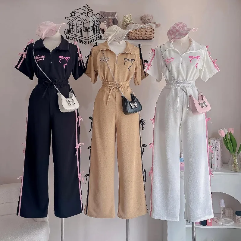 Sweet Suit Women's Summer New Bow-tie Printed POLO Shirt Short-sleeved Wide-leg Trousers Two-piece Set