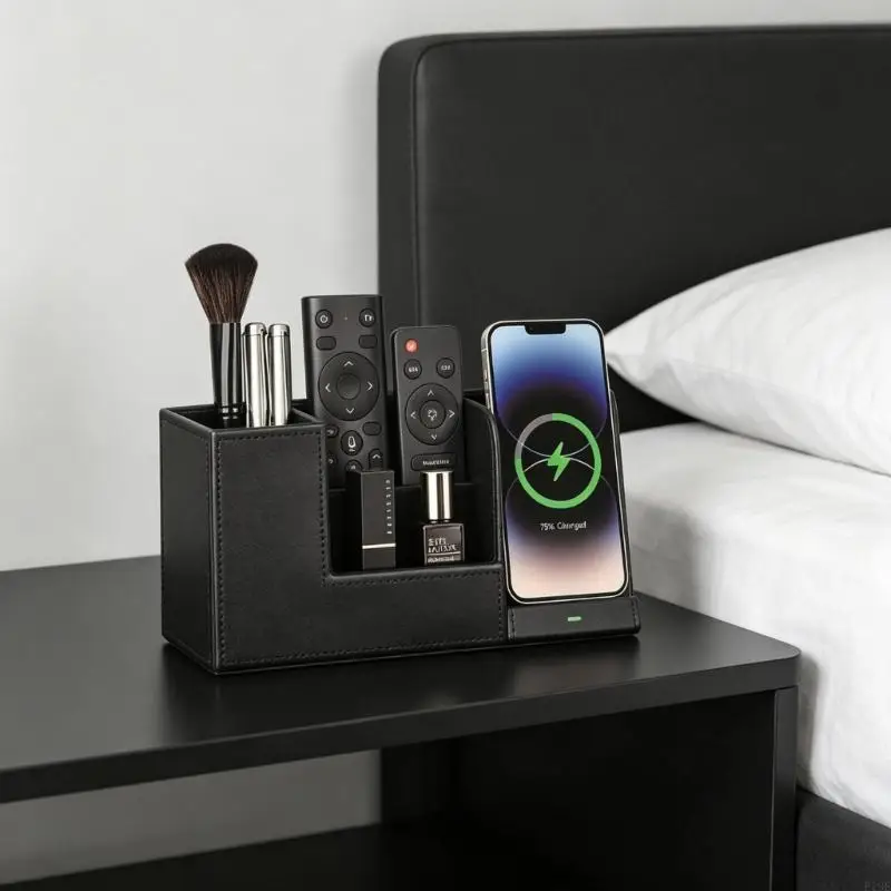 

PU Leather Remote Stand With Built in Phone Charging Dock 10W Cordless Power Station For Home Offices Desk Organization F19E