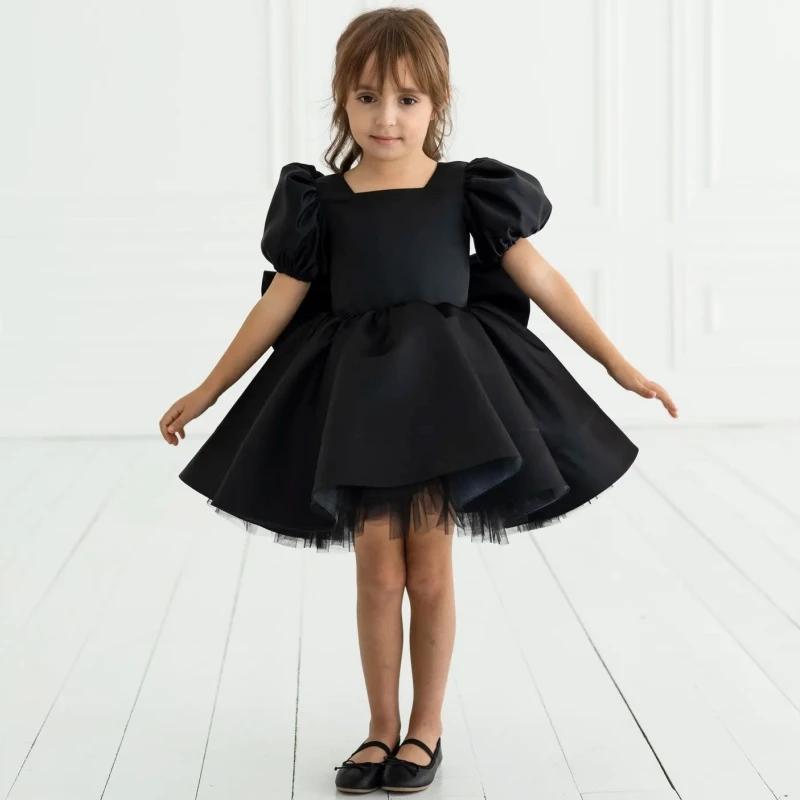 

Customized Flower Girl Dresses Black Satin Tulle Puffy With Bow Short Sleeve For Wedding Birthday Prom Holy Communion Gowns