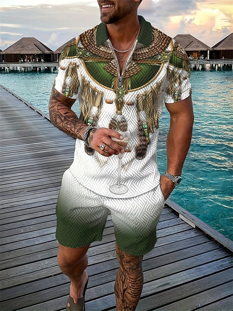 Summer Men's Fashion Polo Shirt Short Sleeve Shorts Set New Tribal Printing Casual Zipper Short Sleeve Shorts Two Piece Set