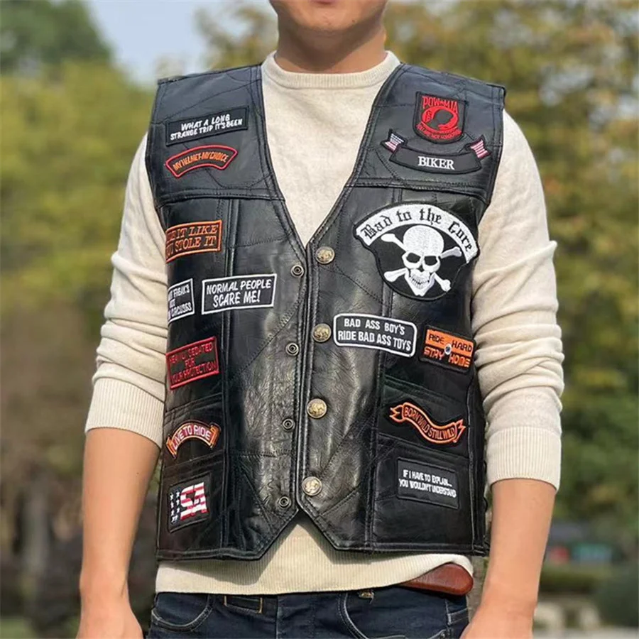 

Men Biker Leather Vest 23 Patches Embroidered Black Sleeveless Motorcycle Jacket Punk Style Short Waistcoat Men's Clothing