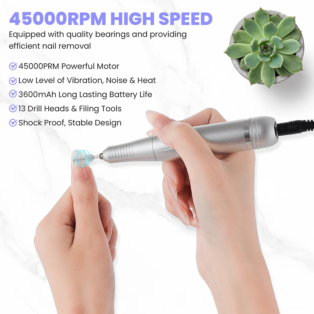 Kit trapano per unghie portatile da 45000 giri/min Trapano elettrico ricaricabile per unghie Trapano per unghie professionale per smalto per unghie in gel