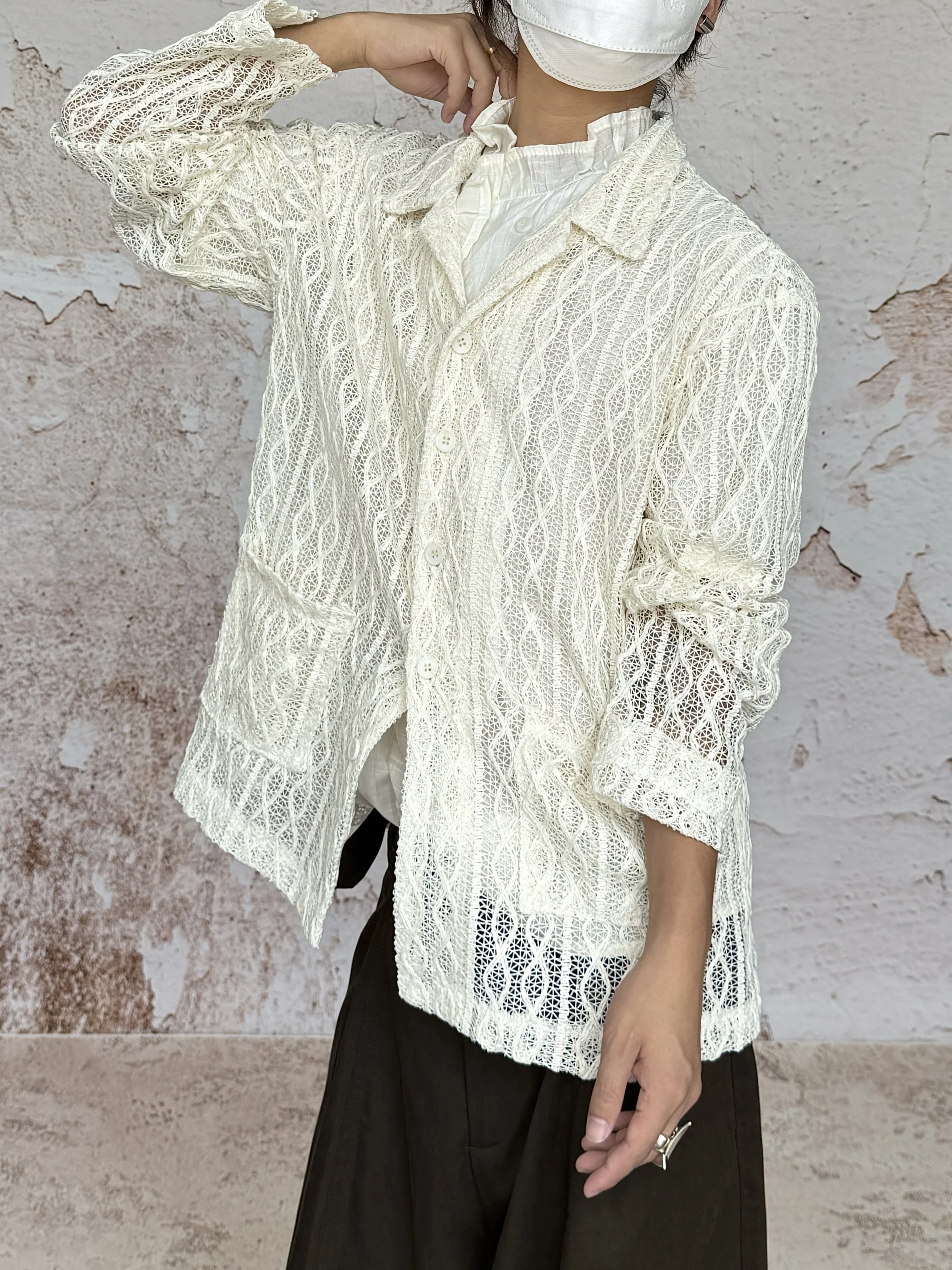 Retro Style Long Sleeve Embroidered Hollow out Collar Shirt Unisex Cuban Collar Breathable Polyester Fabric Four Seasons Wear